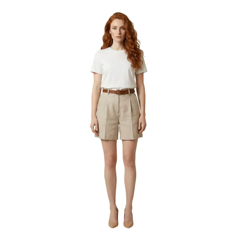 Artigli Damen beige plissierte Polyester-Shorts mit braunem Ledergürtel