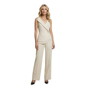Artigli women beige sleeveless polyester jumpsuit with draped asymmetrical neckline and tailored wide-leg pants