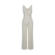 Artigli women beige sleeveless polyester jumpsuit with a draped asymmetrical front and wide-leg pants