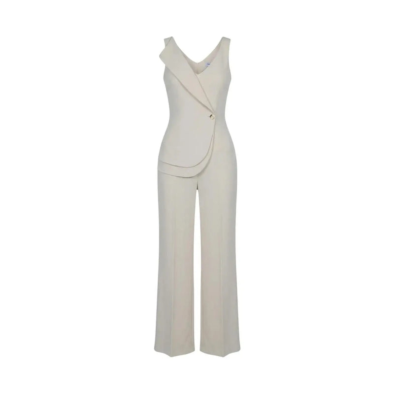 Artigli women beige sleeveless polyester jumpsuit with a draped asymmetrical front and wide-leg pants