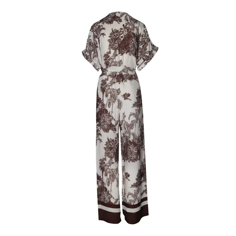 Artigli women floral jumpsuit beige viscose v neck with white and brown botanical print short sleeves and belted waist
