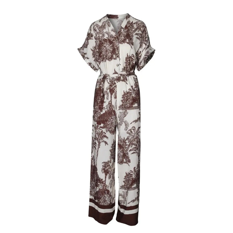 Artigli women floral jumpsuit beige viscose with white and brown tropical print short sleeves button-front wide-leg pants