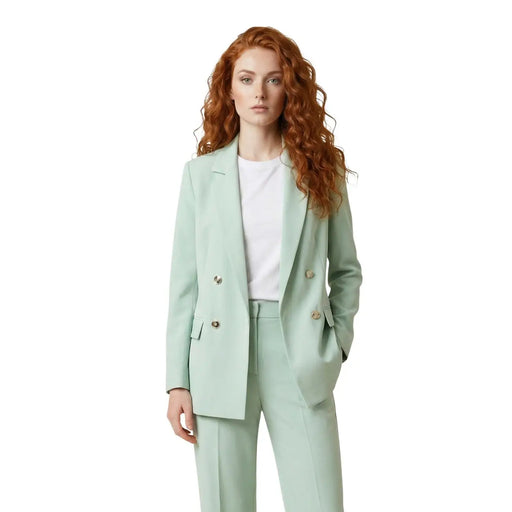 Mintgrüner Artigli Damen-Blazer aus Polyester mit doppelter Knopfleiste, goldfarbenen Knöpfen und passender Hose (Set)