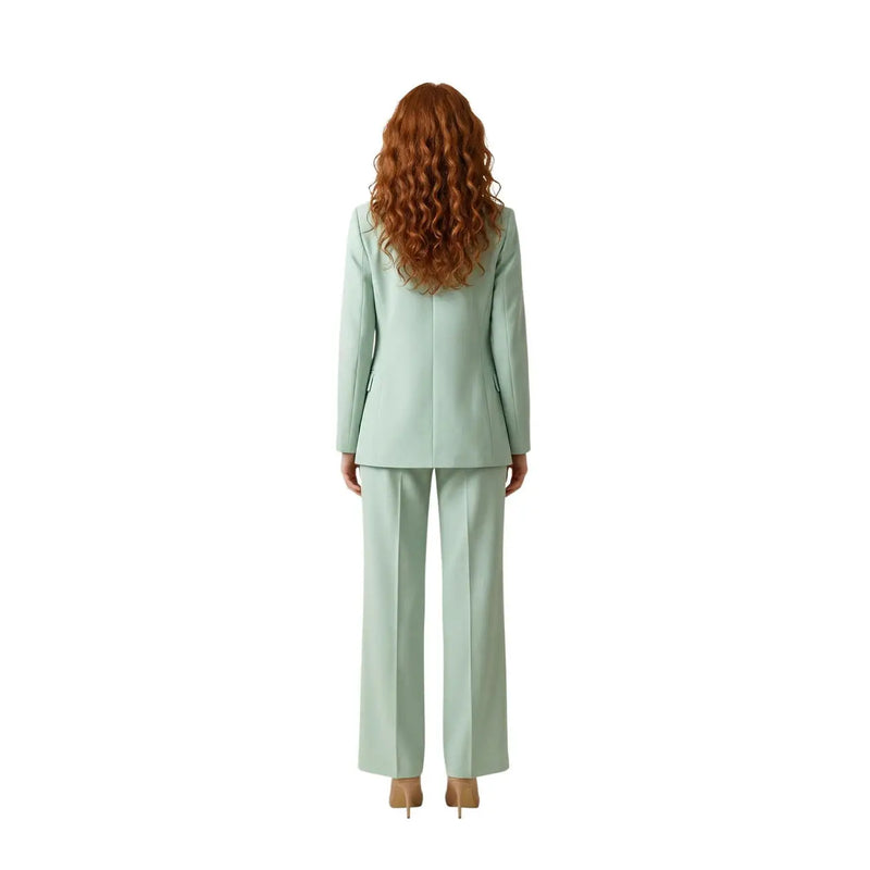 A woman wearing an Artigli women green blazer polyester lapel collar suit with tailored blazer and straight-leg trousers