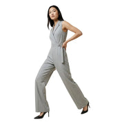 Artigli women grey sleeveless v neck jumpsuit with tailored blazer top and wide-leg trousers in light gray fabric