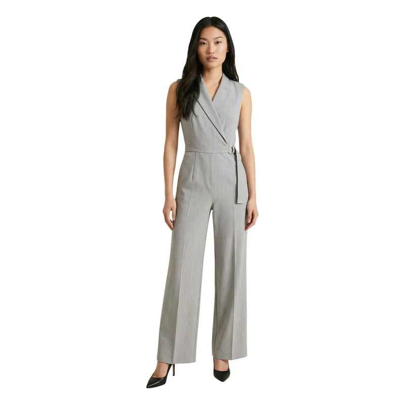 Artigli women grey sleeveless v neck jumpsuit with belted waist and wide-leg trousers in soft fabric