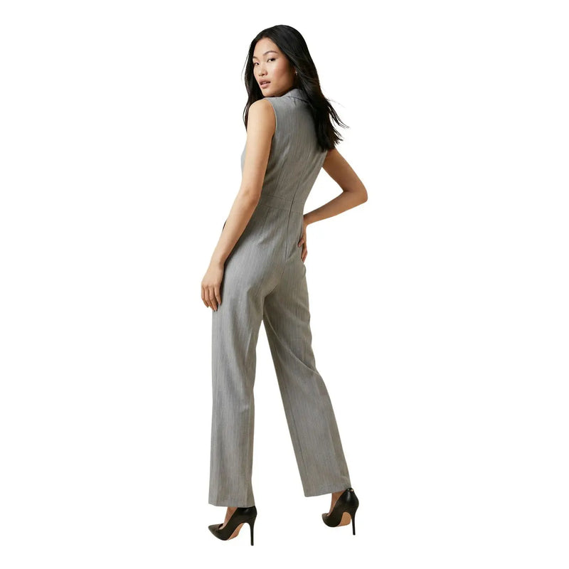 Artigli women grey sleeveless v neck jumpsuit with sleek tailored fit and wide-leg pinstripe trousers
