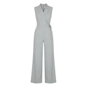 Artigli women grey sleeveless v neck jumpsuit in light gray pinstripe with tailored blazer collar and wide-leg trousers