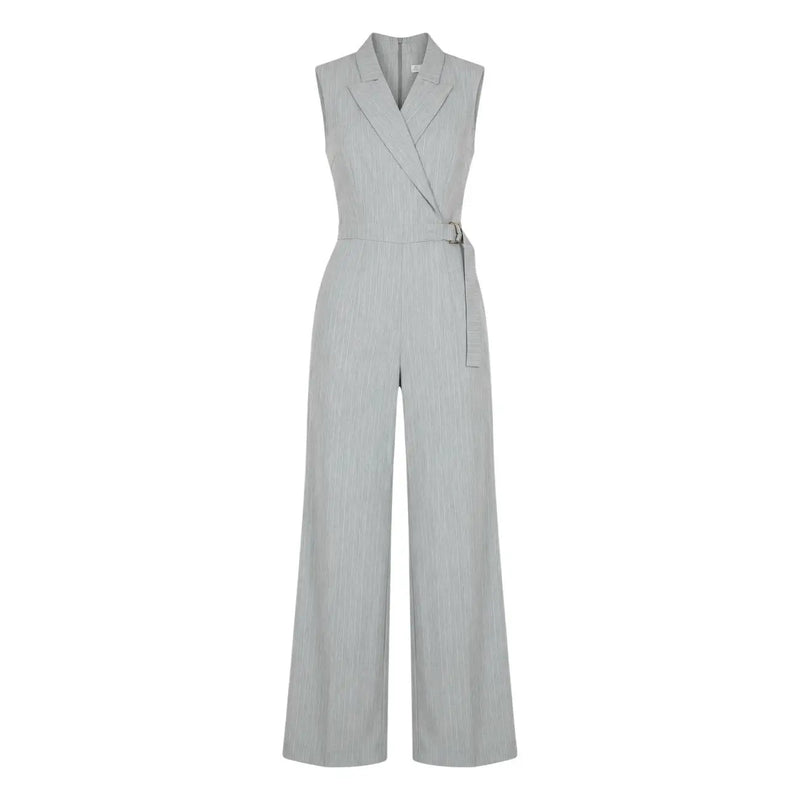 Artigli women grey sleeveless v neck jumpsuit in light gray pinstripe with tailored blazer collar and wide-leg trousers