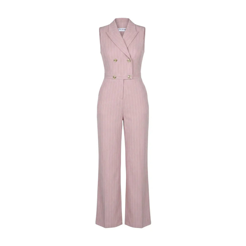 Artigli women pink blush pinstripe sleeveless polyester jumpsuit with double-breasted front and gold-tone buttons