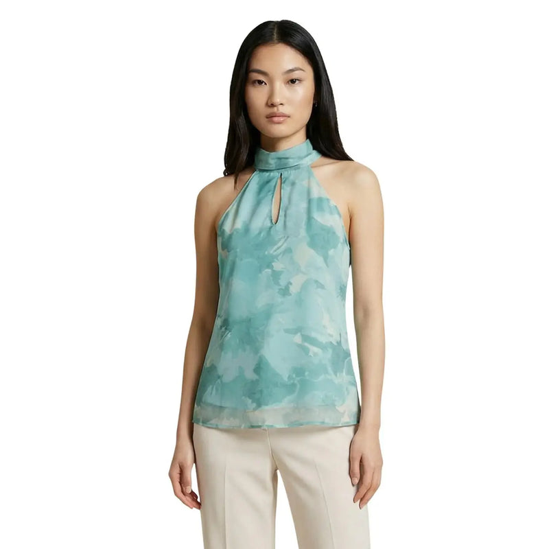 Artigli women sleeveless turtleneck top in green polyester with a teal tie dye halter style and keyhole detail