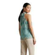 Artigli women sleeveless turtleneck top in green polyester with a teal and beige tie-dye silk tank top back bow detail