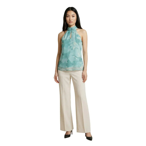 Artigli women sleeveless turtleneck top in green polyester with teal tie-dye halter neck and subtle cutout detail