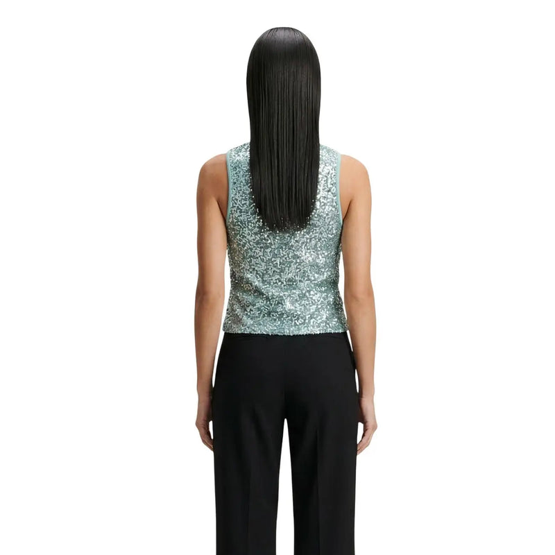 Artigli women sleeveless top in shimmering light blue sequins with fitted cropped silhouette made of polyester