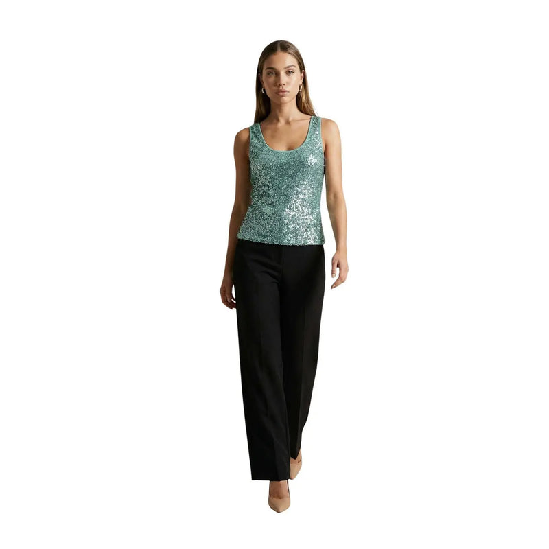 Artigli women top green sequin sleeveless round neck polyester with shimmering teal sequins