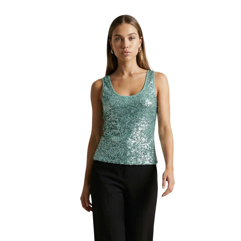 Artigli women top green sequin sleeveless polyester with rounded neckline and shimmering teal finish