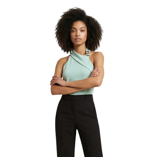 Artigli women sleeveless top in mint green polyester with a halter neck asymmetrical design and embellished neckline