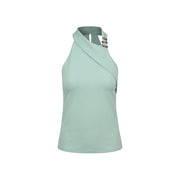 Artigli women sleeveless polyester top in mint green with halter neck draped front and silver embellishments