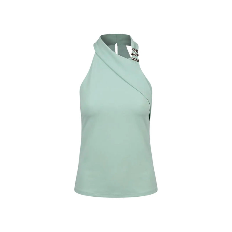 Artigli women sleeveless polyester top in mint green with halter neck draped front and silver embellishments