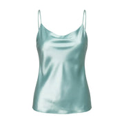 Artigli women top green straps v-neck in light teal satin polyester with delicate spaghetti straps and cowl neckline