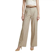 Artigli women beige high-waisted wide-leg polyester trousers with pleated front and matching brown belt made in Italy
