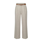 Beige pleated wide-leg polyester trousers with brown leather belt zip and button closure made in italy by artigli