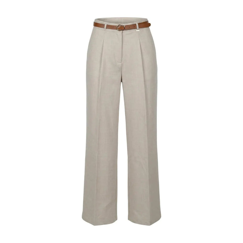 Beige pleated wide-leg polyester trousers with brown leather belt zip and button closure made in italy by artigli
