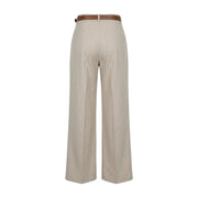 Artigli women beige polyester wide-leg trousers with brown leather belt zip and button closure made in Italy