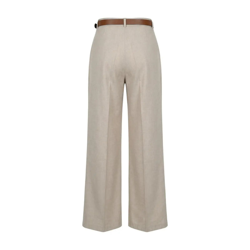 Artigli women beige polyester wide-leg trousers with brown leather belt zip and button closure made in Italy