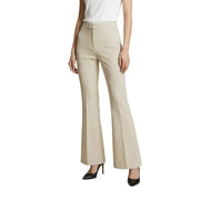 Beige high-waisted flared trousers by Artigli with tailored fit, subtle front pleats, zip button polyester elastane blend