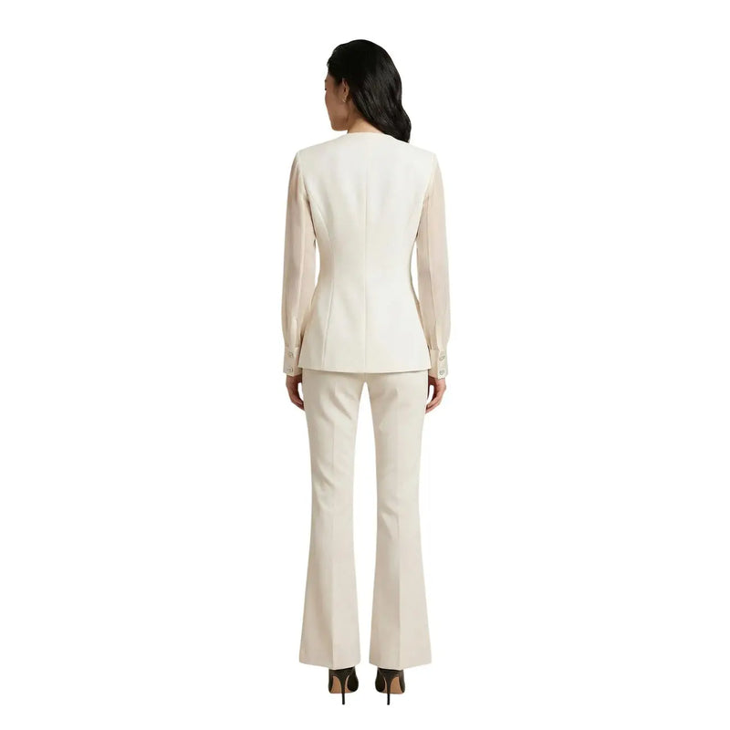 Artigli women beige tailored blazer with sheer long sleeves and matching polyester elastane flared trousers