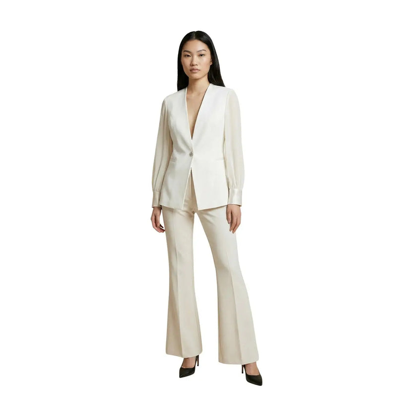 Cream-colored tailored blazer with single button closure and beige polyester elastane flared trousers from artigli women collection