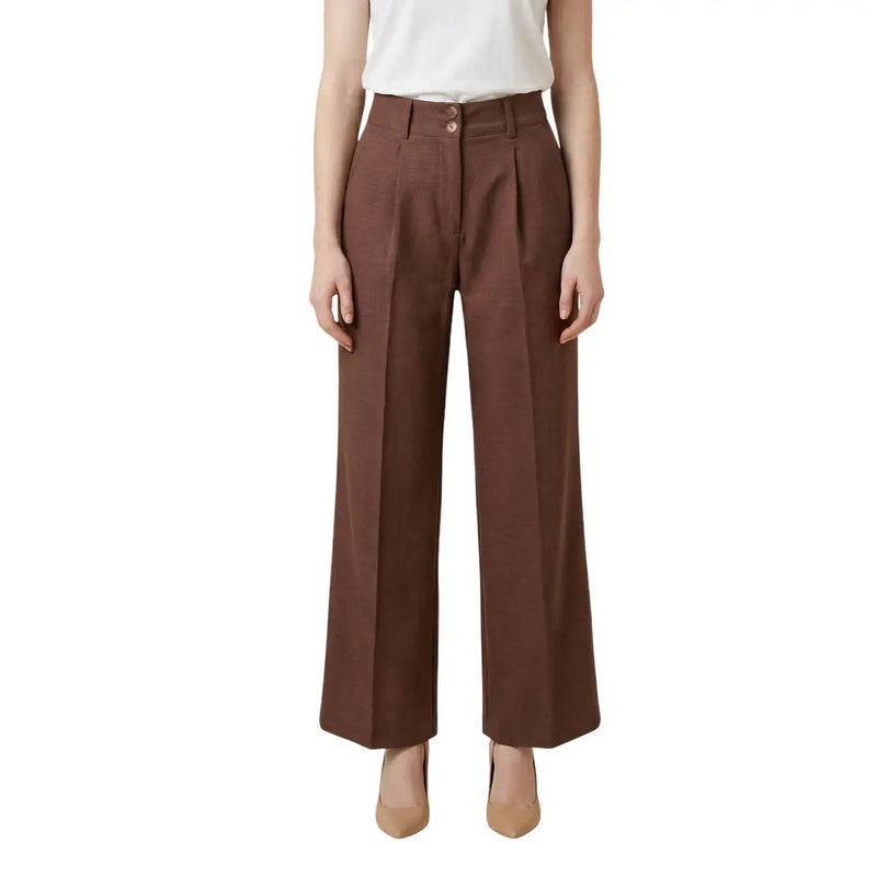 Artigli women brown polyester high-waisted tailored wide-leg trousers with pleated front and zip and button closure