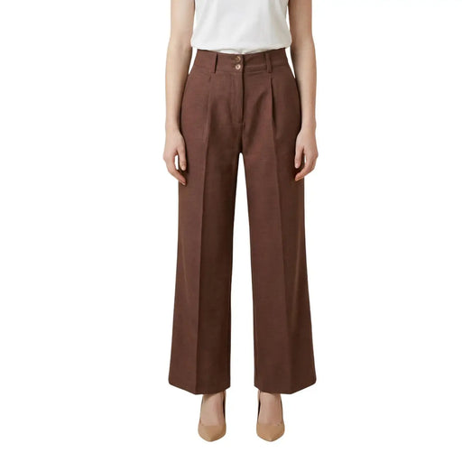 Artigli women brown polyester high-waisted tailored wide-leg trousers with pleated front and zip and button closure