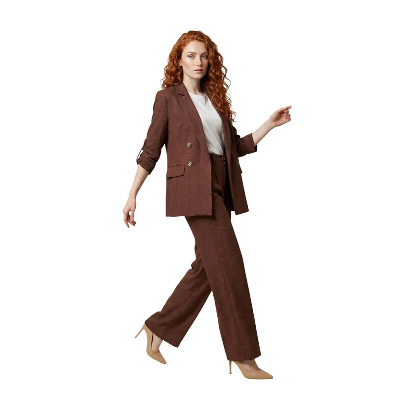 Artigli women brown polyester double-breasted blazer with rolled sleeves and matching wide-leg trousers