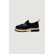 Black woven loafer with glossy black leather strap and chunky tan white and black platform sole by Ash women