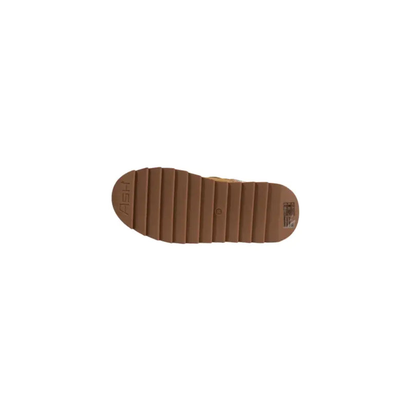 Back view of ash women’s camel leather slip on flats with brown rubber sole featuring vertical ridges and ash branding
