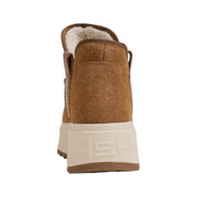 Ash women’s camel leather slip-on flats in tan suede with plush white interior and chunky off-white sole featuring ash logo