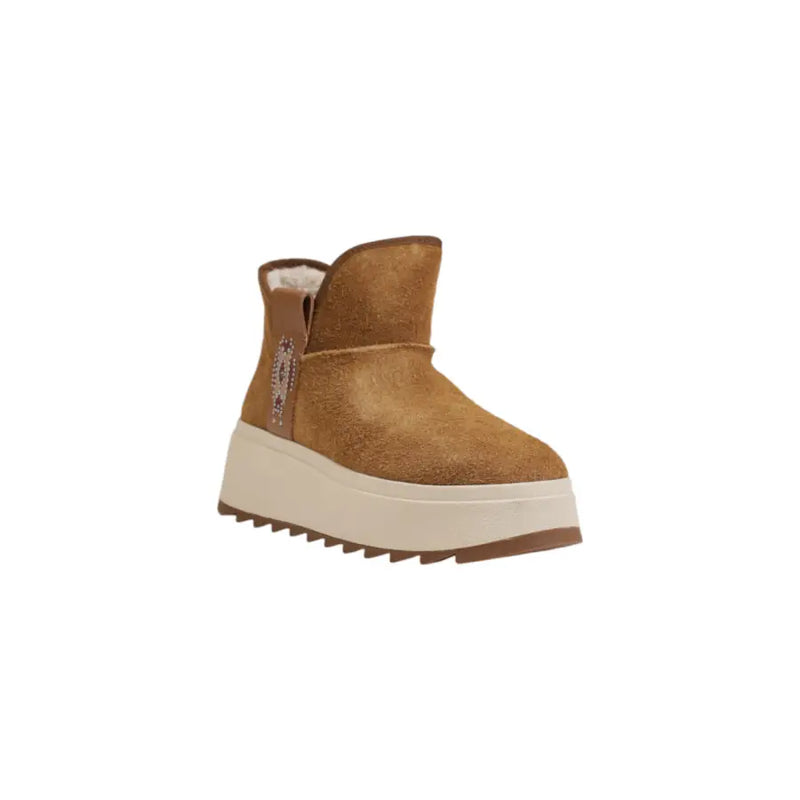 Ash women camel leather slip on flats tan suede ankle boot with thick white platform sole and rhinestone side detailing