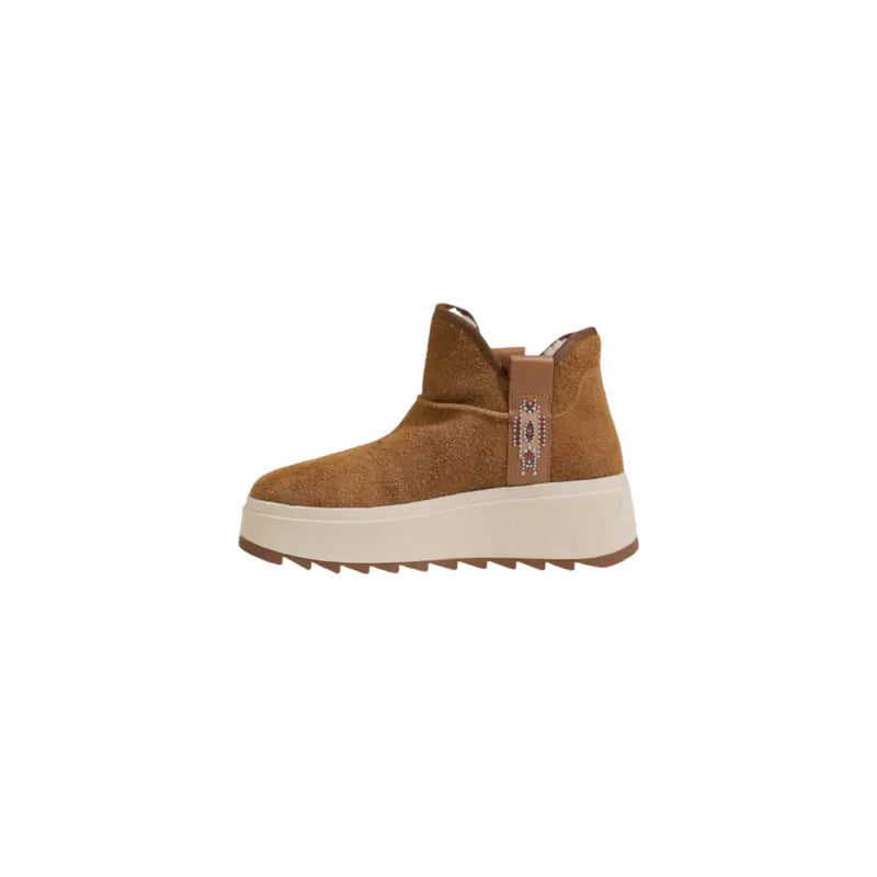 Ash women’s camel leather slip-on flats featuring a tan suede ankle boot design with a cream platform sole and beaded strap