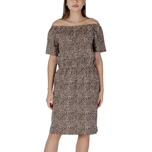 Off-the-shoulder leopard print dress from B.young Orange Polka Dot Short Dress collection