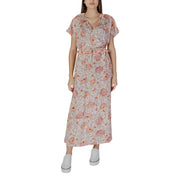 B.young pink printed v-neck soft flowing midi dress with ruffled sleeves and belt in 100 percent cotton