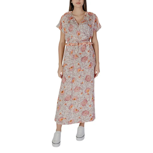 B.young pink printed v-neck soft flowing midi dress with ruffled sleeves and belt in 100 percent cotton