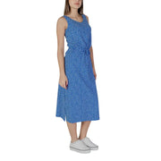 B.young white polka dot sleeveless blue midi dress with drawstring waist perfect for casual or semi-formal wear