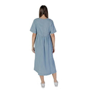 B.young women light blue v-neck short sleeve midi dress with gathered waist made of 100% cotton