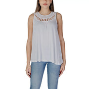B.young women tank top brown viscose with a white sleeveless design and delicate lace like cutout collar detail
