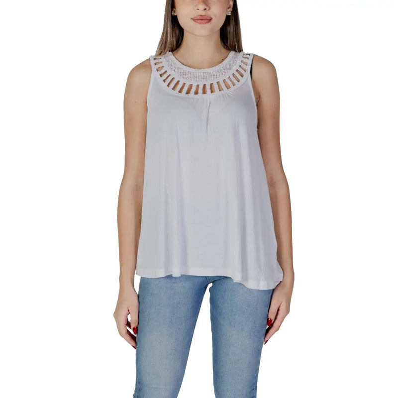 B.young women tank top brown viscose with a white sleeveless design and delicate lace like cutout collar detail