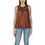 Brown b.young women tank top in viscose featuring a sleeveless design with textured cut-out collar and gathered neckline