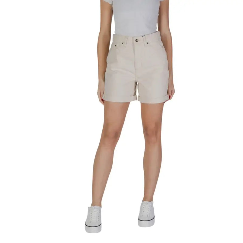 B.young women’s beige high-waisted cotton denim shorts with rolled cuffs and classic five-pocket design