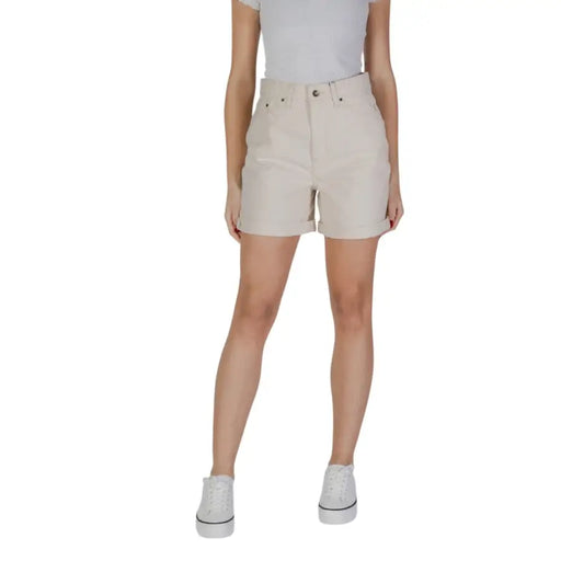 B.young women’s beige high-waisted cotton denim shorts with rolled cuffs and classic five-pocket design